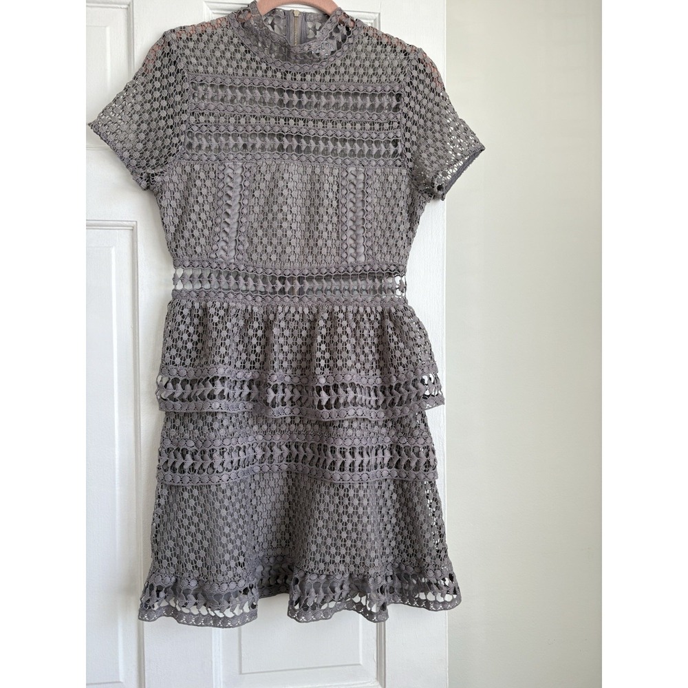 Tobi Grey Crochet Lace Tiered Mini Dress‎ Mock Neck Short Sleeve VDD1702NJ Small